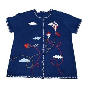 Vintage Patriotic Kite Cardigan Sweater‎ Women’s XL Blue Embroidered Applique